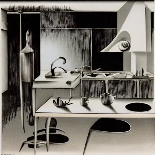 Image similar to kitchen, by yves tanguy