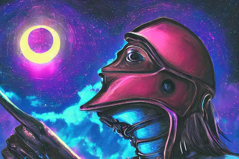 Prompt: digital art of a spiritual medieval knight looking up at the stars, acrylic art, universe, painting, pastel colors, synthwave, retro, cyberpunk,