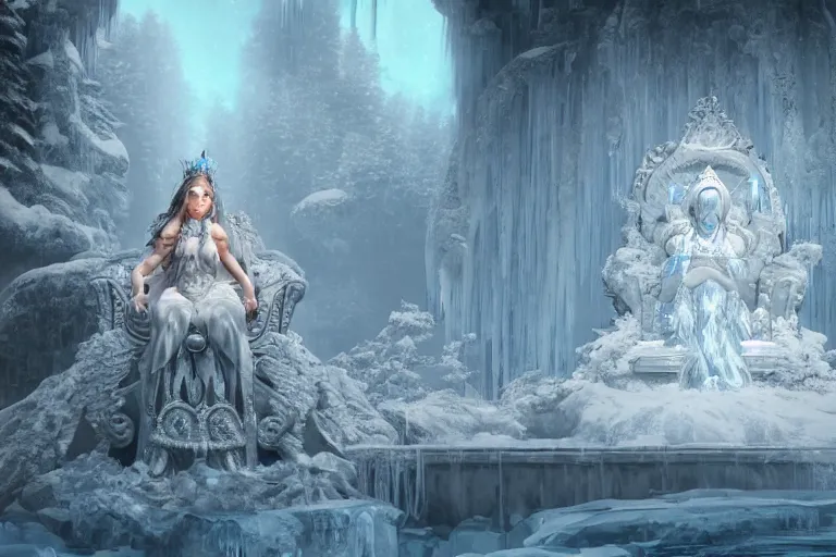 Image similar to a female goddess sitting on a throne in an icy realm at a shrine to worship her at, intricately detailed, physically based rendering, realistic, in the style of WLOP, illustration, epic, fantasy, hyper detailed, smooth, unreal engine, sharp focus, ray tracing