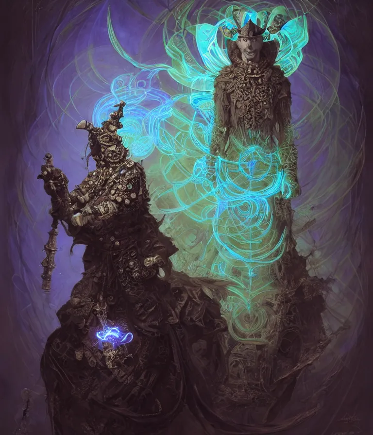 Image similar to front shot of a court jester character, hyperdimensional, bioluminescent hypercubes, dark holography!!!, (((intricate))), elegant, highly detailed, centered, (((artstation, concept art, smooth, sharp focus, artgerm, Tomasz Alen Kopera, Peter Mohrbacher, donato giancola, Joseph Christian Leyendecker, WLOP, Boris Vallejo))), mugshot!!!!!, ugly!!!!!!, octane render, nvidia raytracing demo, octane render, nvidia raytracing demo, octane render, nvidia raytracing demo, grainy, muted, 8K, digitalblasphemy, metatron