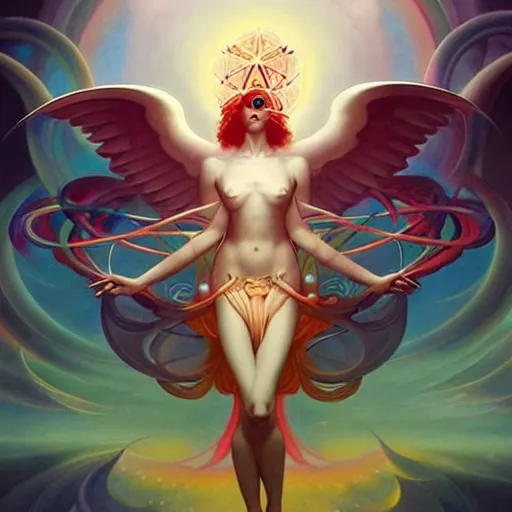 Image similar to psychedelic angelic celestial being artwork of peter mohrbacher, frank xavier leyendecker, energy body, sacred geometry, esoteric art, divinity detailed, saturated colors,