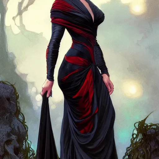 Prompt: very cute Margot Robbie holding a fan and wearing black-crimson silk dress, D&D, fantasy, intricate, elegant, highly detailed, digital painting, artstation, concept art, matte, sharp focus, illustration, art by Artgerm and Greg Rutkowski and Alphonse Mucha