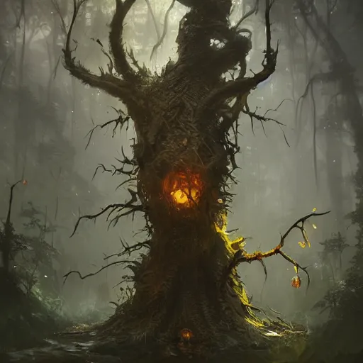 Image similar to living tree, in the shape of a rat with legs tail and yellow eyes, dark forest with black colour, by greg rutkowski, trending on art station, highly detailed, magic the gathering, matte painting