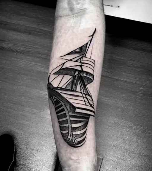 Image similar to A realistic tattoo design sketch of a pirate ship, paper background, black and white tattoo, highly detailed tattoo, shaded tattoo, hyper-realistic tattoo