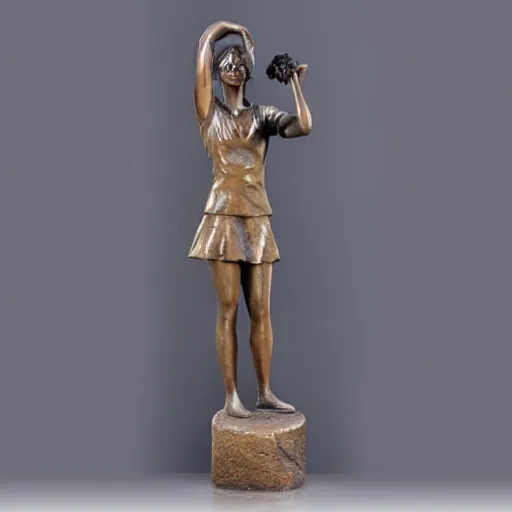 Image similar to realistic bronze statue standing woman holding flower