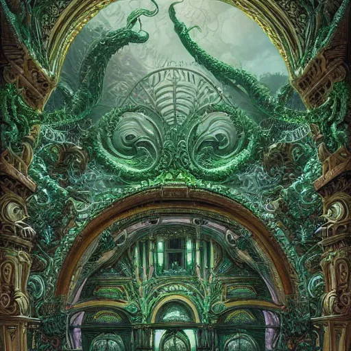 Image similar to a detailed oil painting by michael whelan and donato giancola of an intricate, ornate palace made of green, polished, swirling malachite and jade, hyper detailed, hd, artstation, beautiful sunrise lighting, surrounded by trees