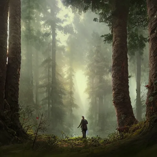 Image similar to a painting of a man standing in the middle of a forest, a detailed matte painting by slawomir maniak, deviantart contest winner, fantasy art, matte painting, cryengine, concept art