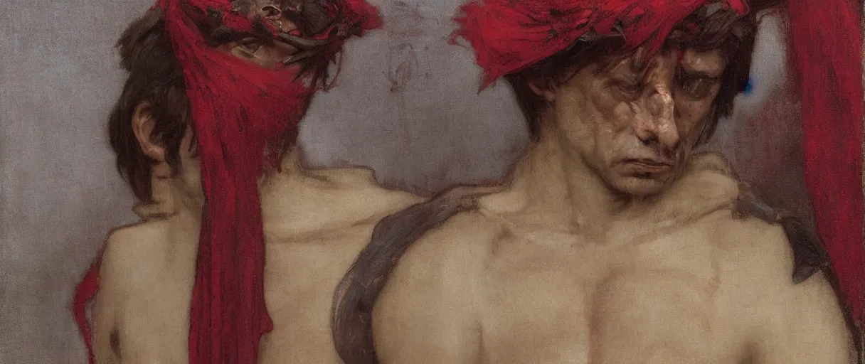 Prompt: the end is near. a tired julius caesar is sitting on a throne. face is highly detailed. splices of red are running down his toga. mist. close - up shot. dark background. soft light. imagined by jeremy lipking and alphonse mucha