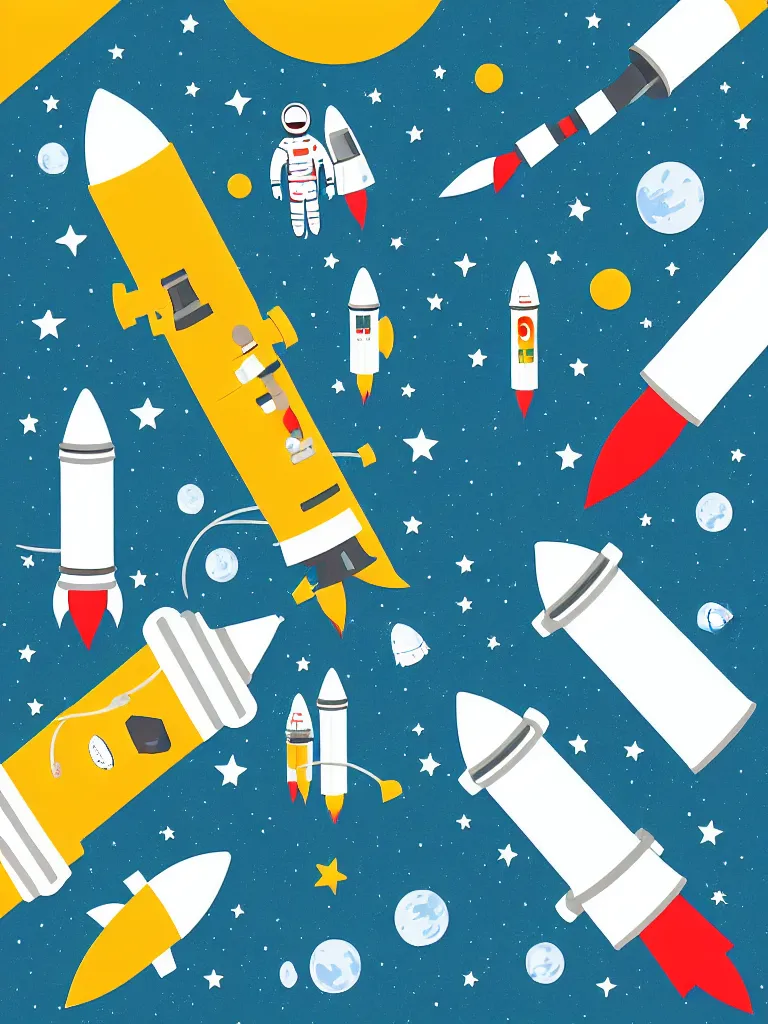 Image similar to editorial illustration scientific lab test tube telescope microscope astronaut rocket, colorful modern, mads berg