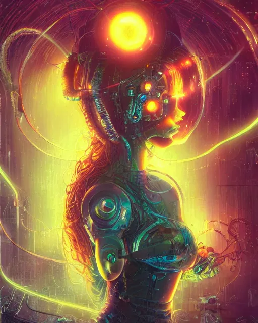 Image similar to a cyberpunk close up portrait of cyborg medusa, electricity, snakes in hair, sparks, bokeh, soft focus, by paul lehr, jesper ejsing