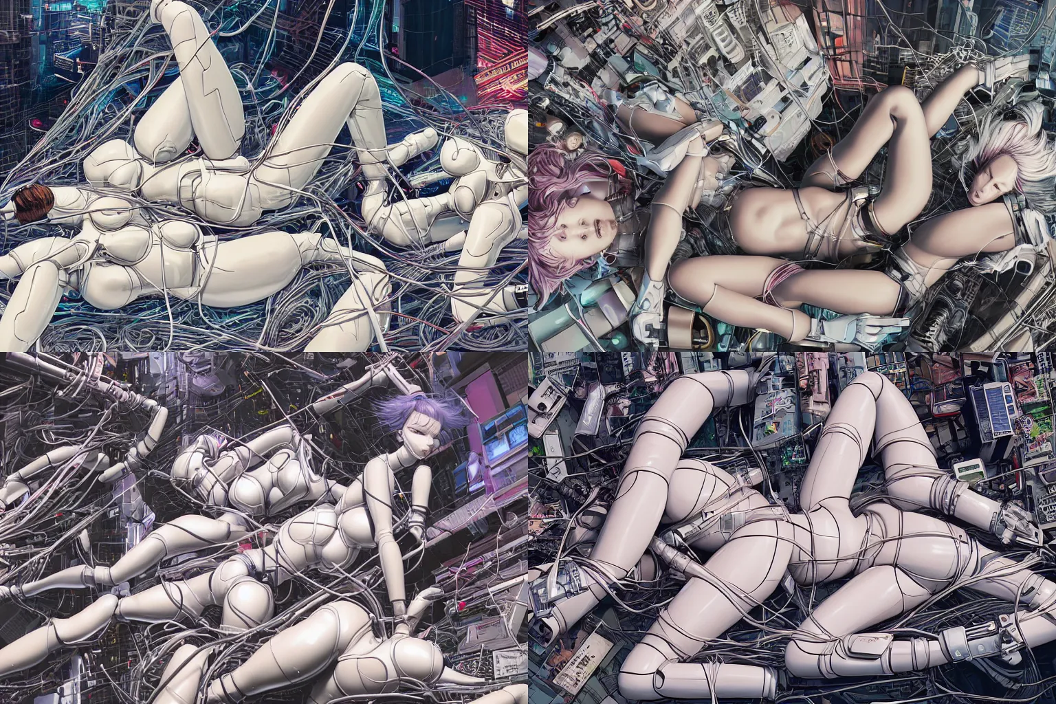 Prompt: a finely composed cyberpunk illustration of a group of white plastic female androids in style of hajime sorayama, lying on an abstract, empty, white floor with their body parts scattered around and cables and wires coming out, by katsuhiro otomo and masamune shirow, hyper-detailed, intricate, colorful, view from above, wide angle, close up, beautiful