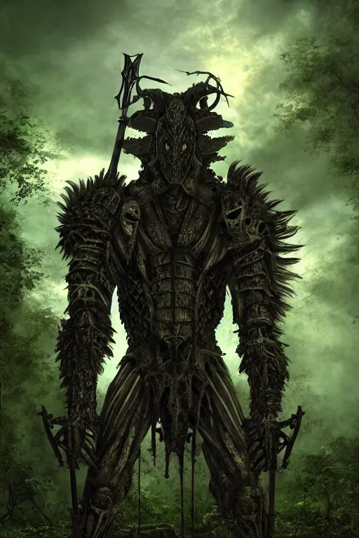 Image similar to post - gothic giant muscular humanoid chimera, exoskeleton armor, holding katana, dystopian ruins covered in vegetation, highly detailed smooth digital art masterpiece, vitaly bulgarov giger dramatic dark teal light, ground angle hd 8 k, sharp focus