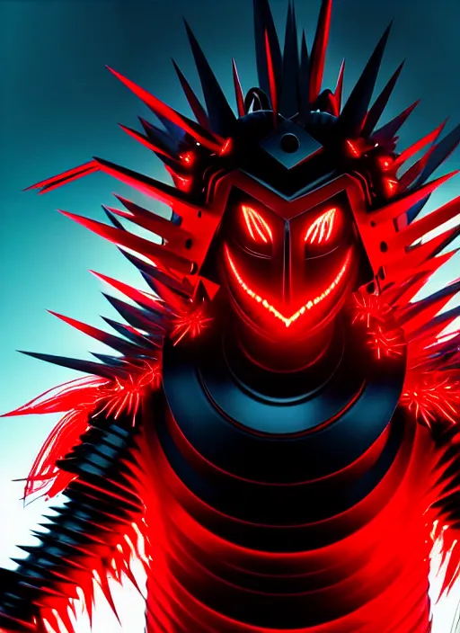 Image similar to a striking cinematic full body manga portrait of a long black haired masked male teenager wearing imposing red jagged spiked plate armour and glowing with raging powerful red energy by hirohiko araki and beeple, fine details, digital art, character concept art, volumetric lighting, cinematic light, photorealistic