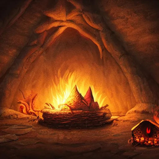 Prompt: A dragon native living in a small clay hut near a campfire, extremely stunning and detailed digital painting, cinematic, 8k, dreamy, immersive