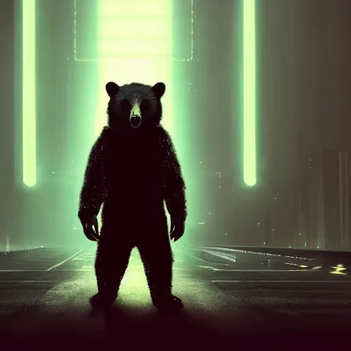 Prompt: still of a bear wearing sunglasses, black background, neon style lighting in the movie Blade Runner 2049, HD, highly detailed