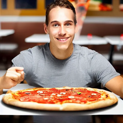 Image similar to a hockey player in a pizza restaurant