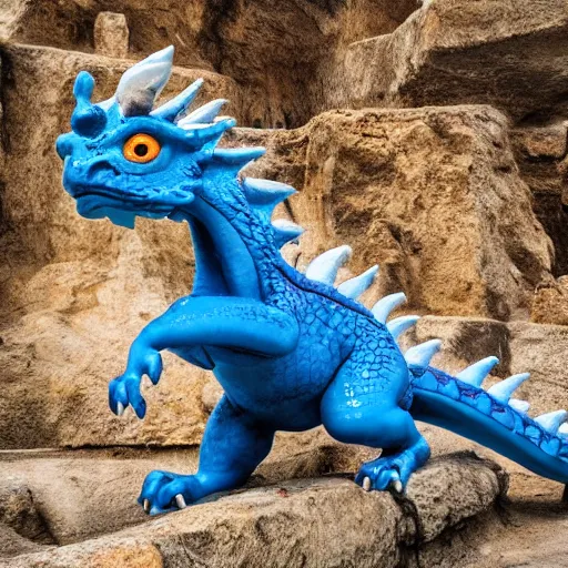 Prompt: professional photo of a blue dragon with a white belly and orange eyes flying over some ancient ruins