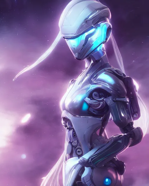 Image similar to perfect android girl on a mothership, warframe armor, beautiful face, scifi, futuristic, galaxy, nebula, raytracing, dreamy, long white hair, blue cyborg eyes, sharp focus, cinematic lighting, highly detailed, artstation, divine, by gauthier leblanc, kazuya takahashi, huifeng huang