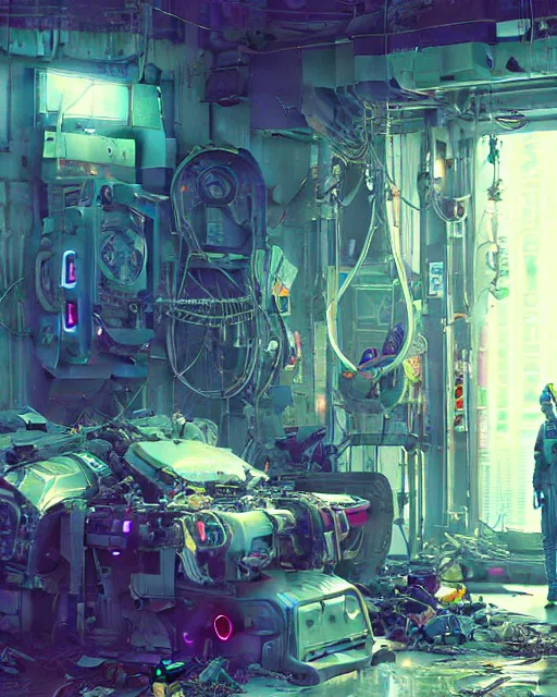 Image similar to neon medical machinery cyberpunk futuristic, reflective engine, decorated with traditional ornaments in a white room with piles of garbage by ismail inceoglu dragan bibin hans thoma, perfect face, fine details, realistic shaded, fine - face, pretty face