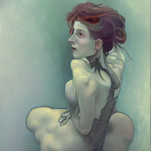 Prompt: A ghostly woman crawling out of a mirror, horror, oil on canvas, in the style of Range Murata and Alphonse Mucha