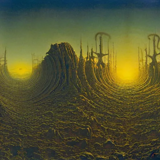 Prompt: a hybrid of the mandelbox and a barren hellscape populated by demon ; illustrated by thomas kincade, wayne douglas barlowe, and chris foss