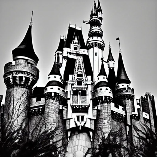 Image similar to the Disney castle made of skulls and bones, nightmare, black and white