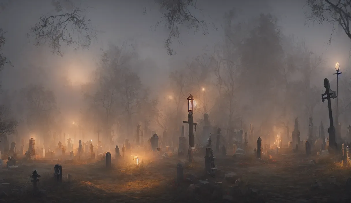 Prompt: a beautiful painting of a graveyard, cinematic angle, studio lighting, movie concept, trending on artstation, octane render, 8 k, ultra high detail