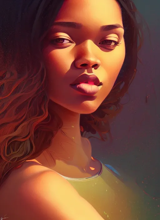 Image similar to handsome young black women with shoulder length brown hair, bikini, half body shot, path traced, highly detailed, high quality, digital painting, alena aenami, lilia alvarado, shinji aramaki, karol bak, alphonse mucha, tom bagshaw
