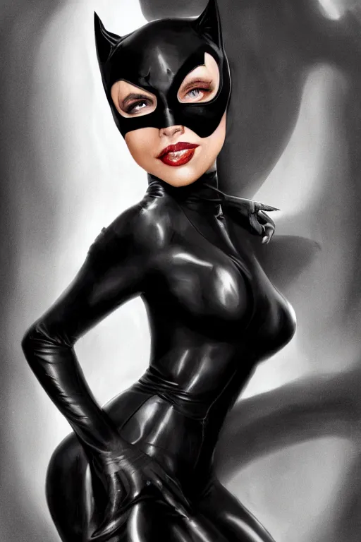 Prompt: beautiful aesthetic portrait of Catwoman from Batman returns crawling toward viewer by wlop and Julia Razumova, deviantArt, trending on artstation, artstation HQ