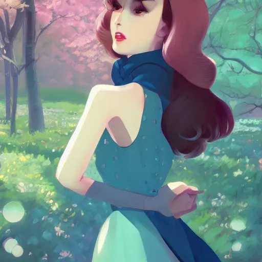 Image similar to a beautiful woman in 1950\'s fashion, park landscape, 4k, anime key visual, lois van baarle, ilya kuvshinov, rossdraws, artstation