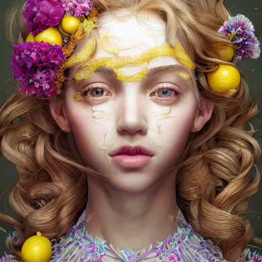 Image similar to the portrait of an absurdly beautiful, graceful, elegant, sophisticated, young girl made up of lemons, an ultrafine hyperdetailed illustration by kim jung gi, irakli nadar, intricate linework, bright colors, octopath traveler, final fantasy, unreal engine 5 highly rendered, global illumination, radiant light, detailed and intricate environment