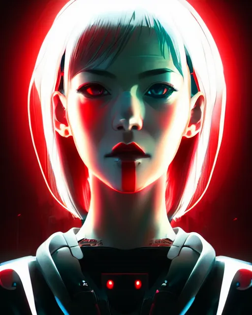 Image similar to a detailed potrait of a cyberpunk cyborg girl with black and red parts, fine - face, realistic shaded perfect face, fine details. night setting. very anime style. realistic shaded lighting poster by ilya kuvshinov katsuhiro, unreal engine, global illumination, radiant light, detailed and intricate environment