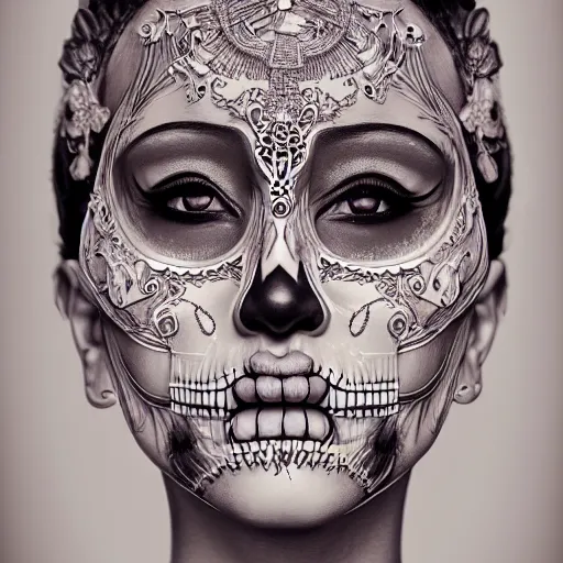 Image similar to the portrait of an absurdly beautiful, graceful, sophisticated, fashionable dia de los muertos gravure idol, an ultrafine hyperdetailed illustration by kim jung gi, irakli nadar, matt wisniewski, tribal makeup, intricate linework, iridescent wiring, porcelain skin, unreal engine 5 highly rendered, global illumination, radiant light, detailed and intricate environment