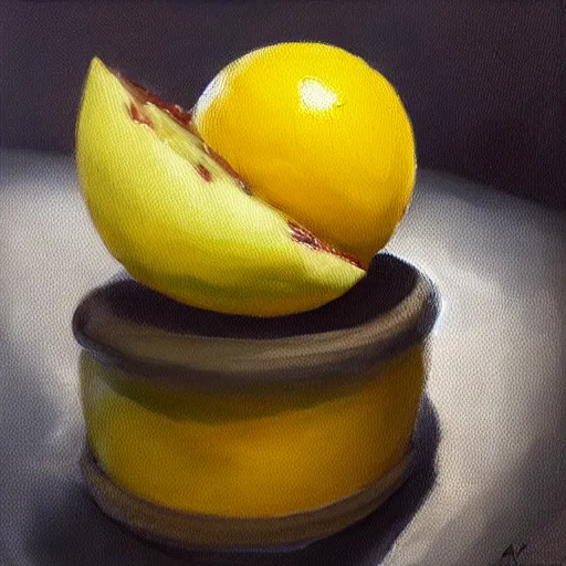 Prompt: an oil painting of a kiwi disguised as a lemon, artstation, hd, award winning