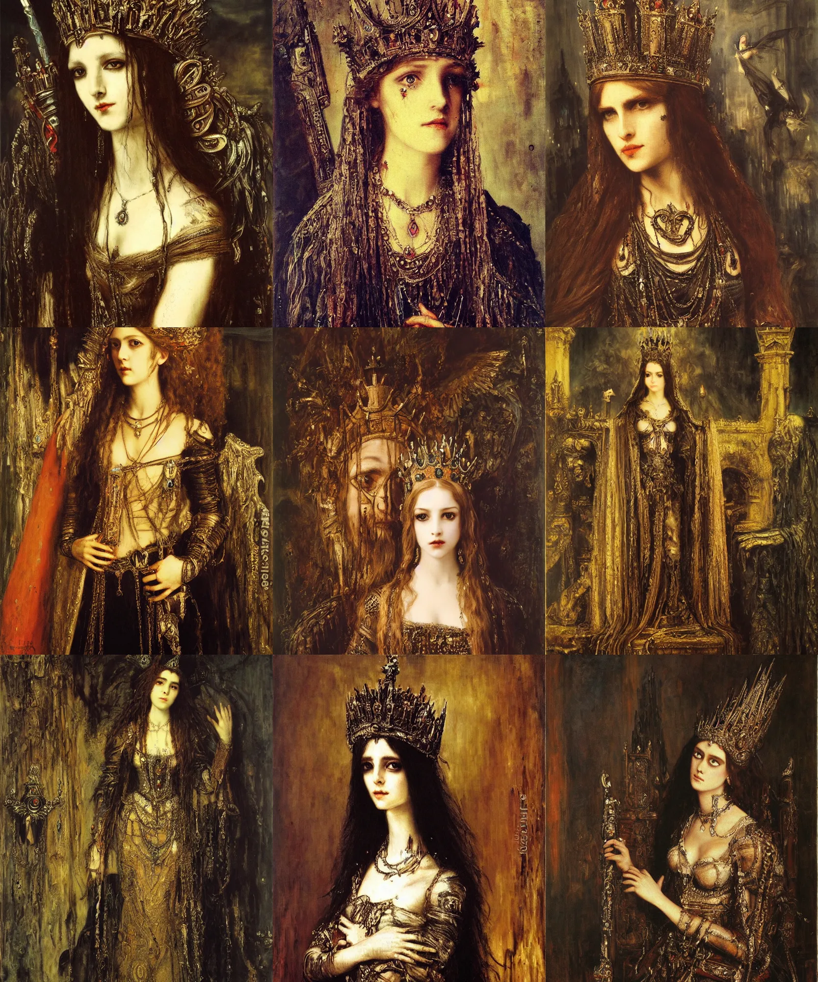 Prompt: The portrait of Lady in black wax crown by Gustave Moreau, dark fantasy, witcher, very detailed oil painting, masterpiece, 8k