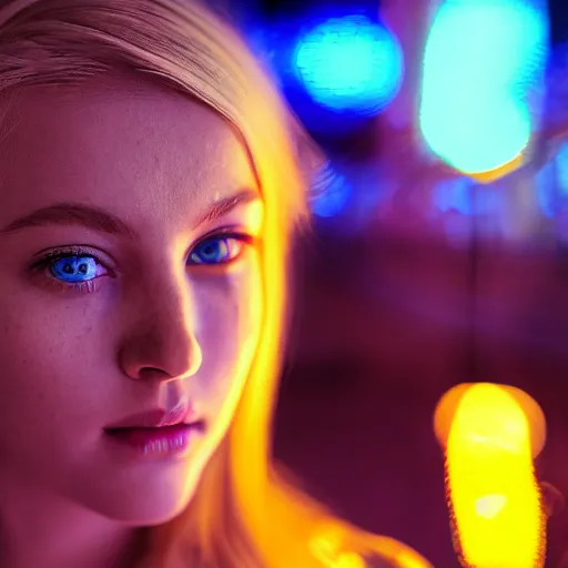 Prompt: a young, blonde-haired woman with soft facial features and blue eyes, biting her lips, 35mm photograph, neon lights in the background