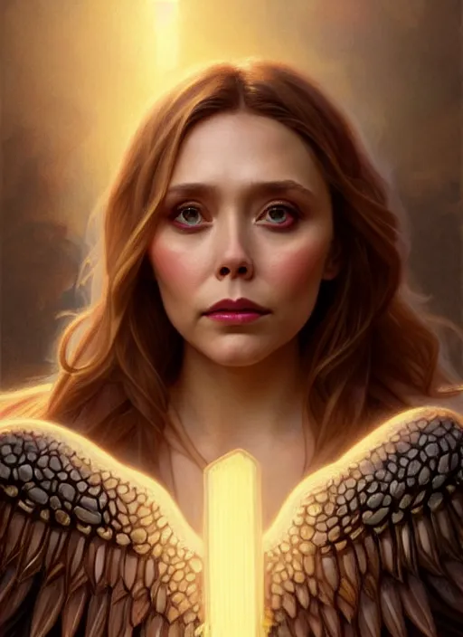 Image similar to portrait of elizabeth olsen as a angel, wings, bible, intricate, headshot, highly detailed, digital painting, artstation, concept art, sharp focus, cinematic lighting, illustration, art by artgerm and greg rutkowski, alphonse mucha, cgsociety