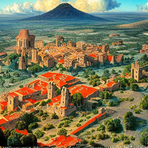 Image similar to an oblique aerial view of a medieval european fantasy city inside a volcanic caldera. the buildings are made of granite with red tiled roofs. the caldera is surrounded by shrubland. painting by ted nasmith, earl norem, bob larkin,.