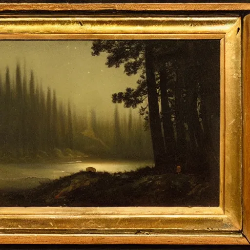 Image similar to hunter alone in the wilderness, midnight, dark boreal forest, 19th century