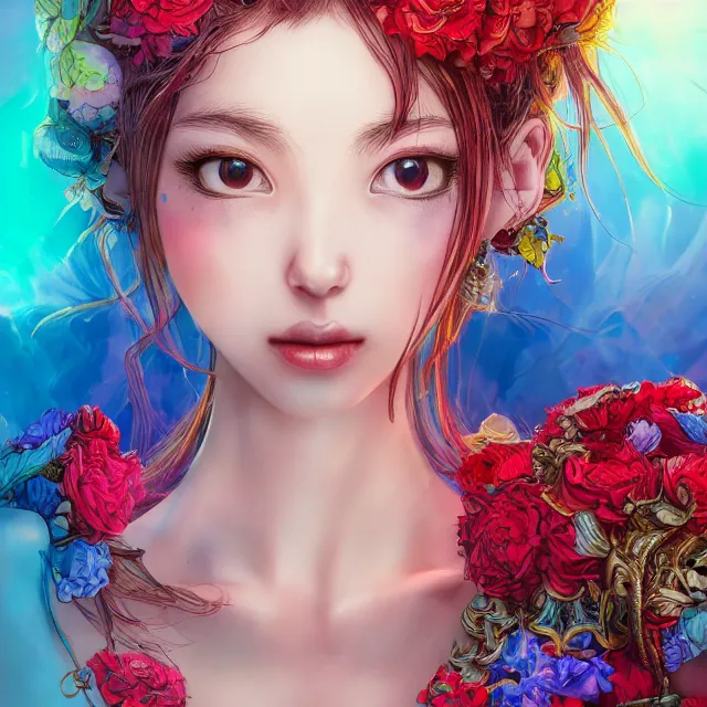 Image similar to studio portrait absurdly beautiful, elegant, graceful, young hypercolorful sensual anime teen rubies red petals gems, ultrafine hyperrealistic detailed face illustration by kim jung gi, irakli nadar, intricate linework, sharp focus, bright colors, matte, octopath traveler, final fantasy, unreal engine highly rendered, global illumination, radiant light, intricate rainbow environment