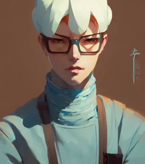 Image similar to portrait of genshin impact character, by atey ghailan, by greg rutkowski, by greg tocchini, by james gilleard, by joe fenton, by kaethe butcher, dynamic lighting, gradient light blue, brown, blonde cream and white color scheme, grunge aesthetic