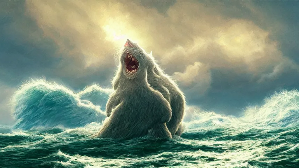 Image similar to a gigantic cat bursting out of a stormy sea attacking a small sail boat, wet fur, giant waves, sunbeams in background, intricate, detailed, volumetric lighting, sharp focus, scenery, photorealism, digital painting, highly detailed, concept art, by roger dean and simon stalenhag and mark brooks