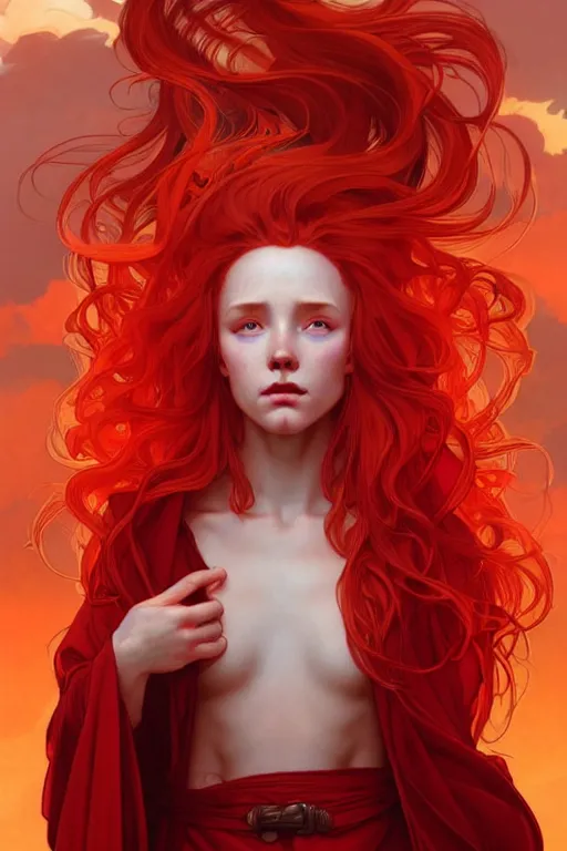 Prompt: a beautiful fire wizard with fire red hair, freckles. wearing red robes inspired by alphonse mucha, standing on a mountain top with epic clouds and volumetric lighting. intricate illustration and highly detailed digital painting. concept art by artgerm. inspired by brom art and larry elmore.
