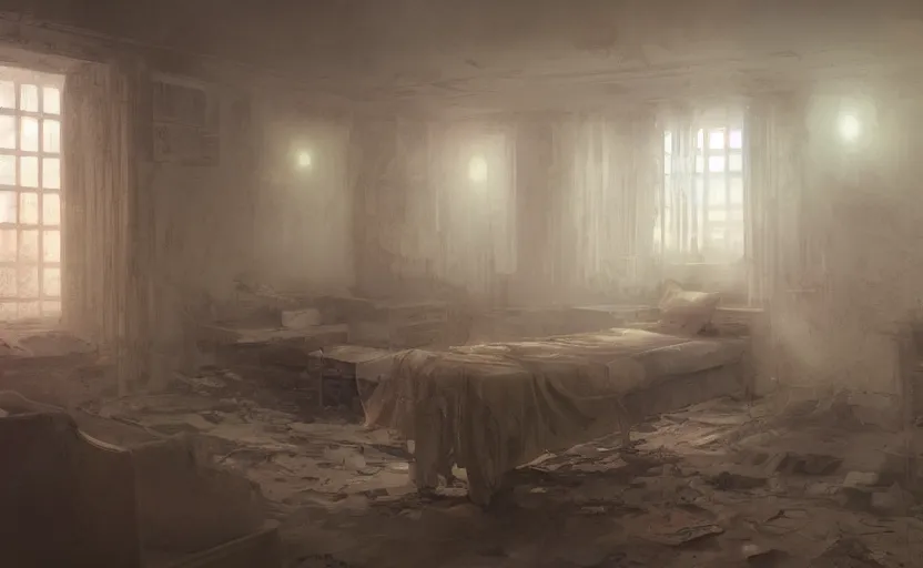 Image similar to Abandoned hospital room, intricate, elegant, volumetric lighting, digital painting, highly detailed, artstation, sharp focus, illustration, concept art, ruan jia, steve mccurry