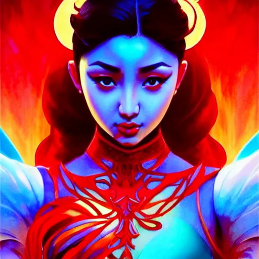 Prompt: nadine lustre as darna, volumetric lights, red and cyan theme, art nouveau botanicals, intricate, highly detailed, digital painting, artstation, concept art, smooth, sharp focus, cinematic, illustration, beautiful face, art by artgerm and greg rutkowski and alphonse mucha