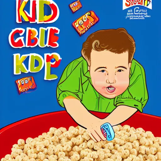 Prompt: kid-friendly cover illustration on a box of obese George Washington kids' sugar cereal with a surprise