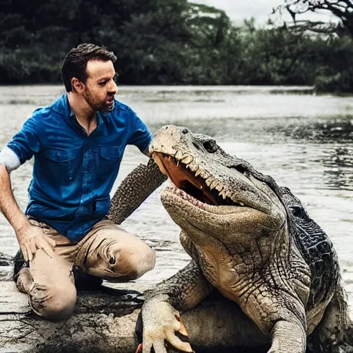 Prompt: photo of a man talking to a huge crocodile while having coffee, award - winning photograph, national geographic, high definition, trending on facebook, 8 k