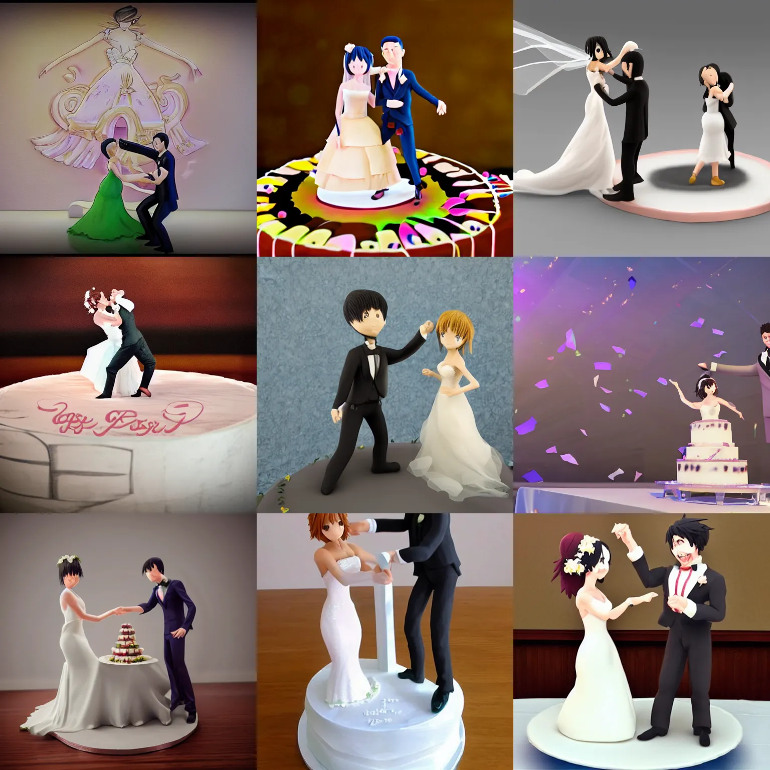 Prompt: a bride and groom dancing on a cake, 3 d anime art, long perspective, extremely detailed, high quality
