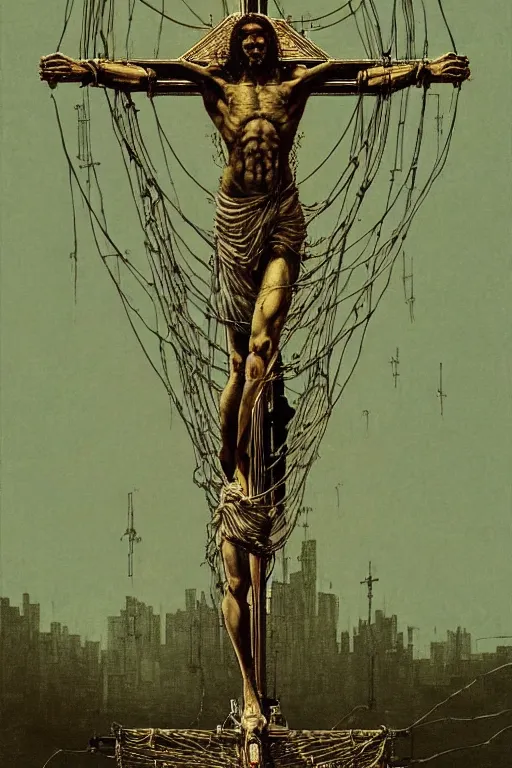 Image similar to full body shot of a cybernetic jesus on the cross, wires, cyberpunk art by beksinski and giger and seb mckinnon and josan gonzalez, digital art, highly detailed, intricate, sharp focus, trending on artstation hq, deviantart, pinterest, unreal engine 5, 4 k uhd image