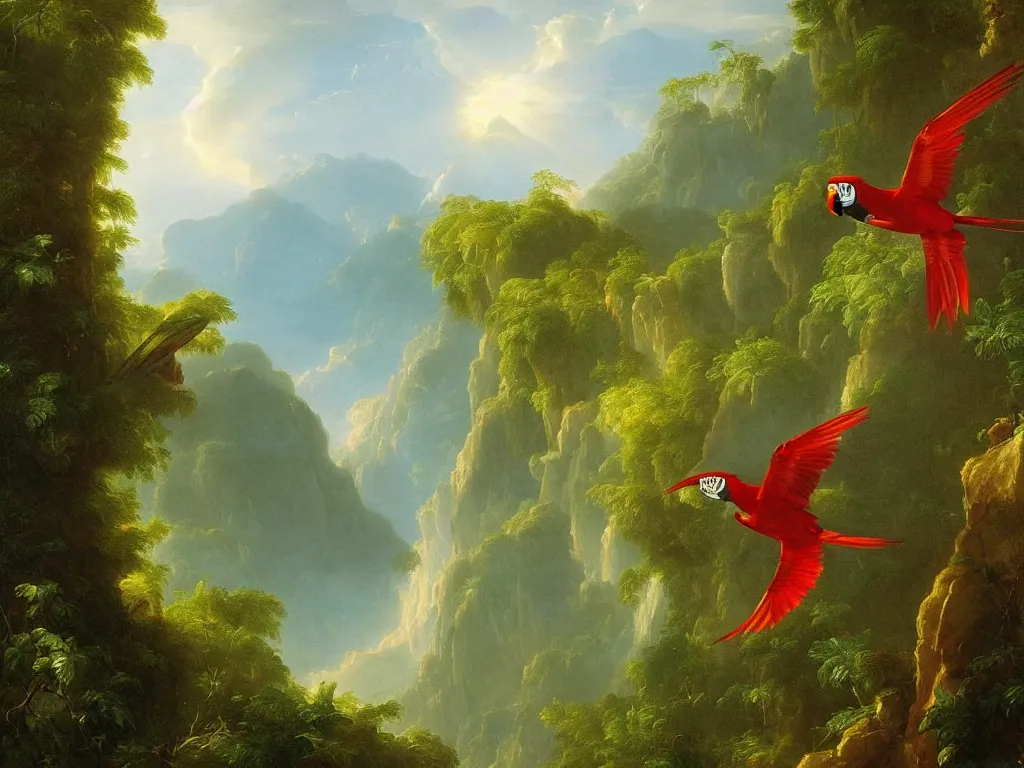 Image similar to gorgeous macaws flying at dawn in the distance through the forest, jungle mountains in the background, highly detailed, heavenly lighting, trending on art station, very detailed birds, painting by thomas cole